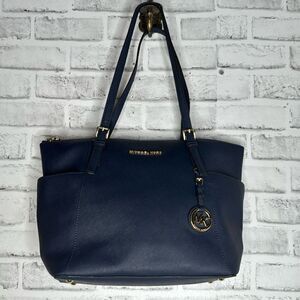 Michael Kors Jet Set Large Saffiano Leather Top-Zip Tote Bag, Navy Blue